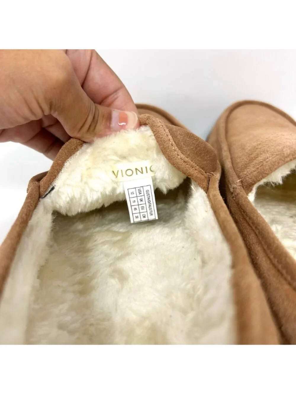 Vionic Gustavo Slippers Toffee Brown Suede Men's Size 12 Faux Shearling Comfort